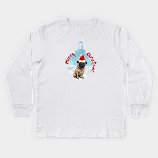 Merry Christmas with Santa Pug Dog in Wintery Xmas Bauble Kids Long Sleeve T-Shirt